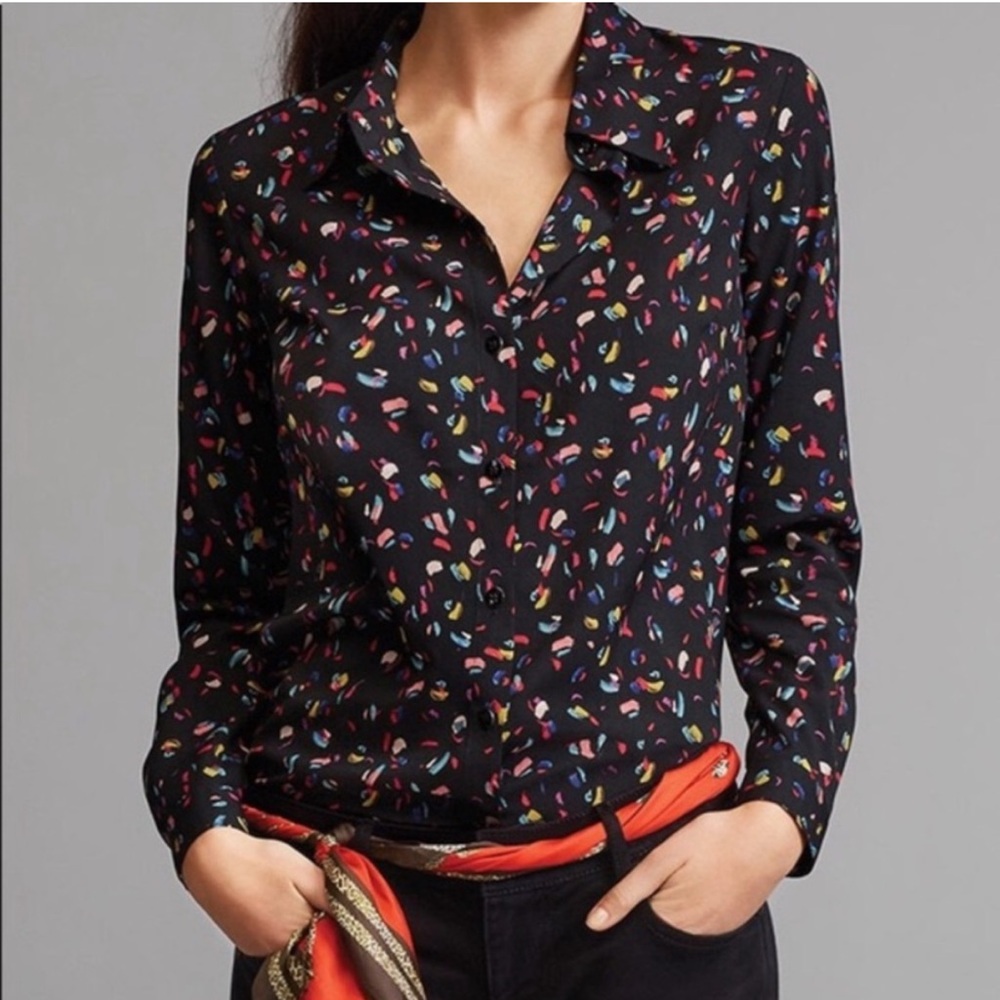 CAbi Confetti Party Ferris Long Sleeve Button Up Blouse‎ Black Multicolor Size S